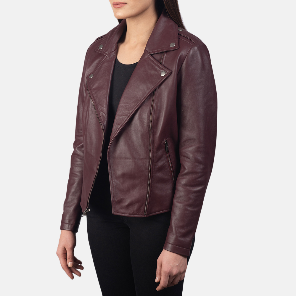 Women's Flashback Maroon Leather Biker Jacket
